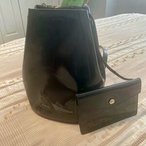 Vintage Salvatore Gancini Leather Backpack. Black Enamel/Gold